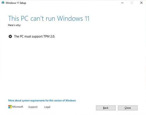 the PC must support TPM 2.0 khi cài window 11