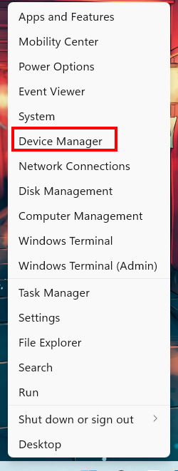 mở device manager bằng windows + x