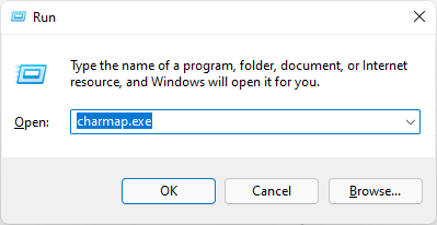 Mở Character Map bằng cửa sổ lệnh Run