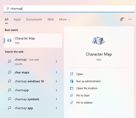 Mở Character Map bằng thanh tìm kiếm