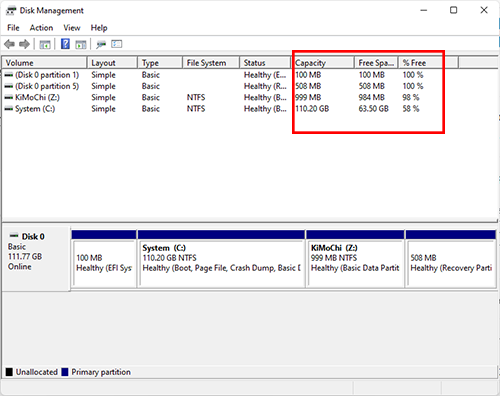 Sử dụng Disk Management để xem dung lượng ổ cứng