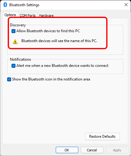 Chọn Allow Bluetooth devices to find this PC