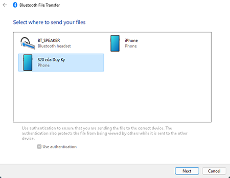 Chọn thiết bị đã kết nối để chia sẻ file, tệp qua bluetooth