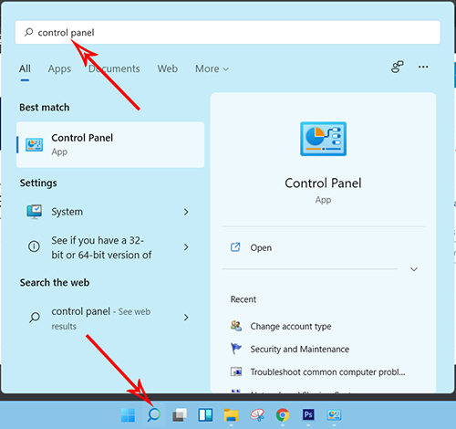 Tìm kiếm control panel từ ô tìm kiếm của windows 11