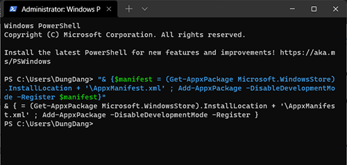 Đăng ký lại Windows Store Window Powershell