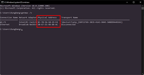 Tìm địa chỉ Mac bằng CMD