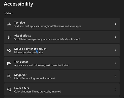 Trong thư mục Accessibility chọn Mouse pointer and touch