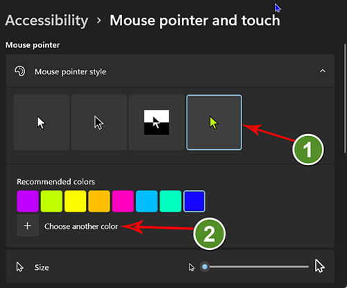 Mở bảng tuỳ chọn màu sắc trong Mouse pointer and touch