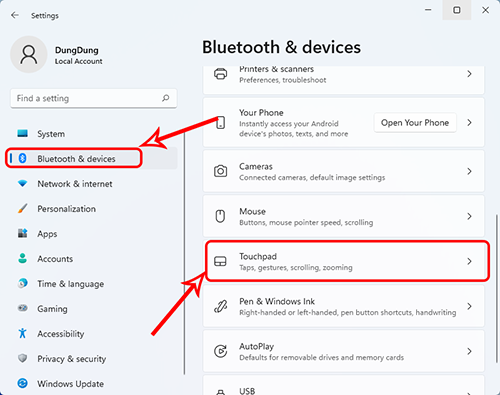 Truy cập cập cài đặt touchpad trong thẻ Bluetooth &devices