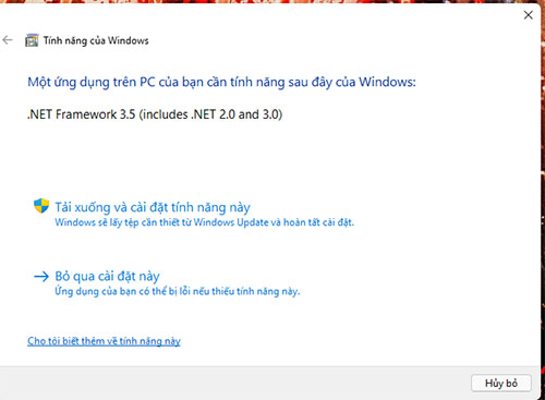 Bảng cài đặt Net Framework 3.5 trên Windows 11 tiếng việt