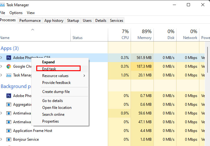 tắt ứng dụng với task manager