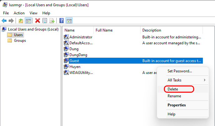 Xoá User trong Local Users and Groups
