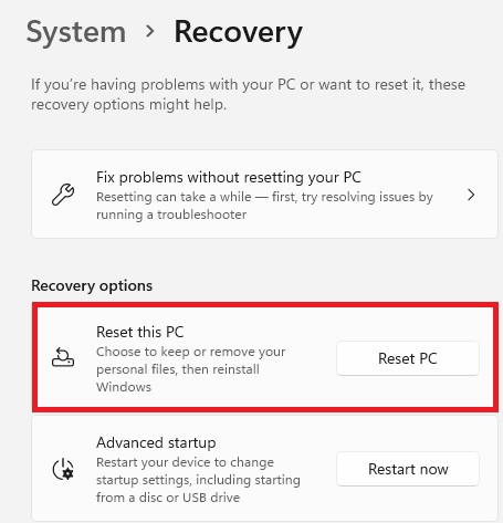 Recovery reset this pc