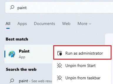 run as admin ứng dụng trong start Menu