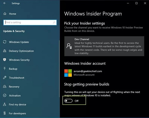 Tắt cập nhật Windows 11 insider