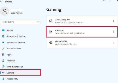 mở mục Captures trong phần cài đặt Gaming