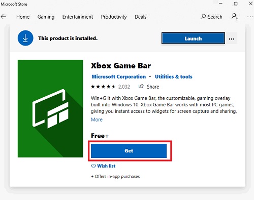 tải Xbox Game Bar trong cửa hàng Microsoft store