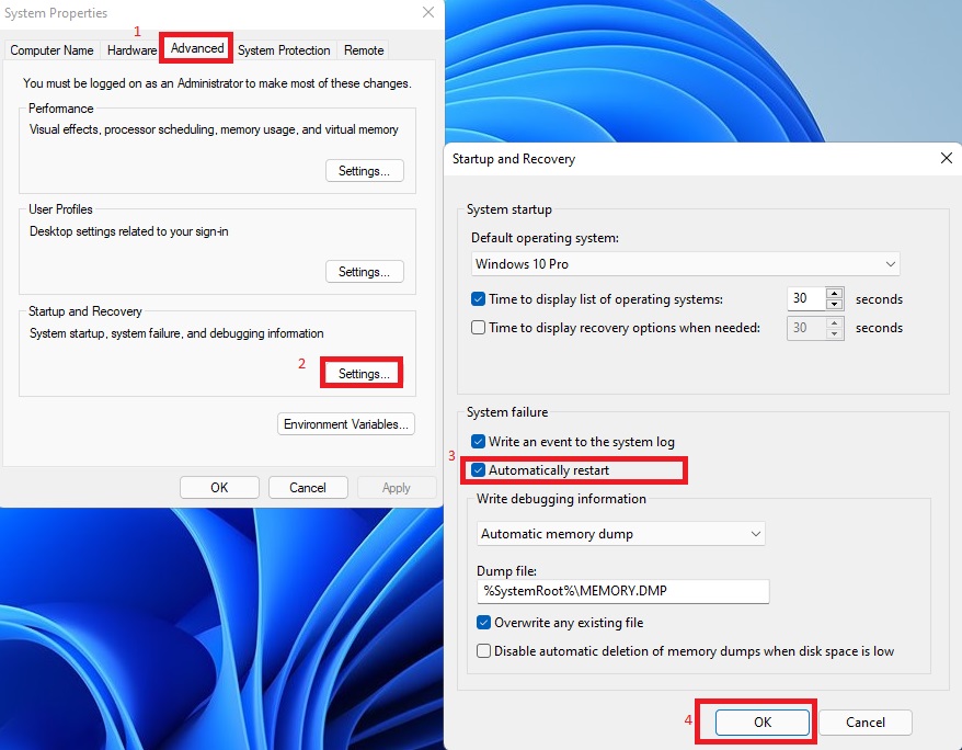 tắt automatically restart, tự động tắt máy windows 11