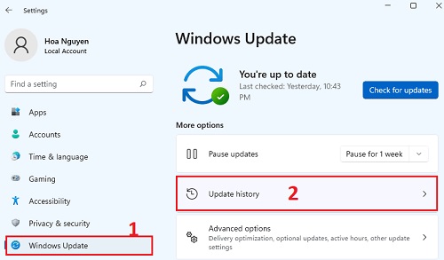 Xem lịch sử cập nhật windows 11
