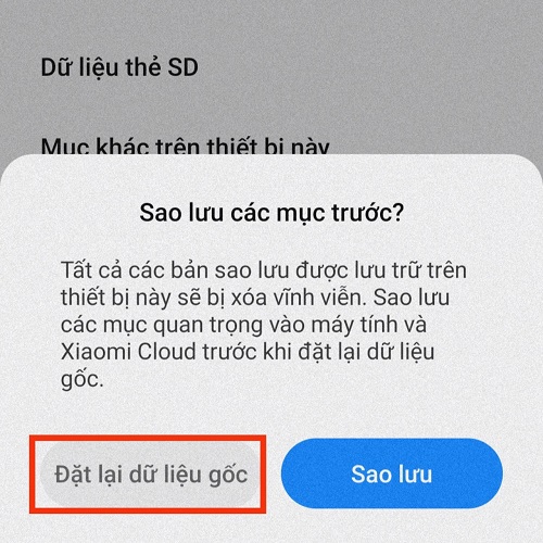 đặt lại dữ liệu gốc và sao lưu