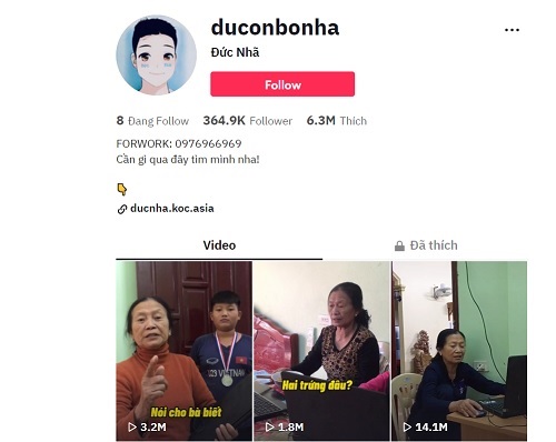 Kênh TikTok triệu view của Đức Nhã