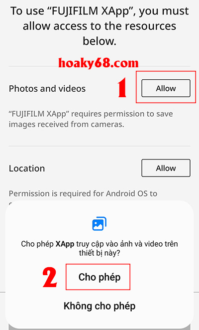 Cấp phép truy cập bộ nhớ Fujifilm X-App